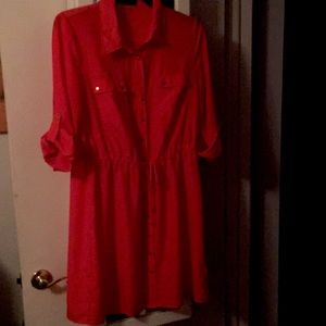 Summer casual dress coral 3/4 sleeve gold buttons